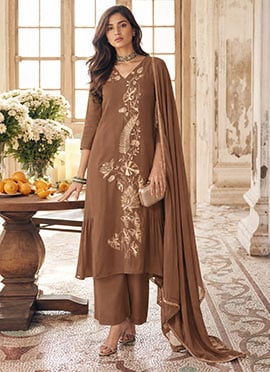Mocha Brown Zari Sequins Embroidered Silk Asymmetric Palazzo Suit