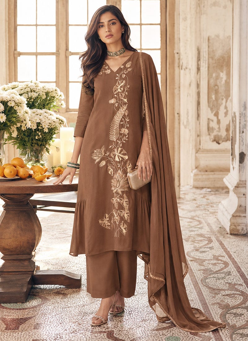 Mocha Brown Zari Sequins Embroidered Silk Asymmetric Palazzo Suit After Six Wear