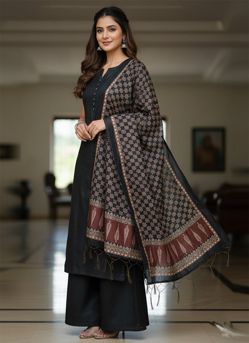 Modern Black Silk Digital Print Dupatta After Six Wear