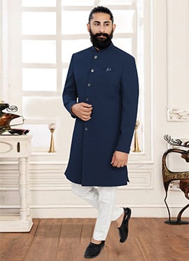 Modern Blue Jacquard Indowestern Sherwani