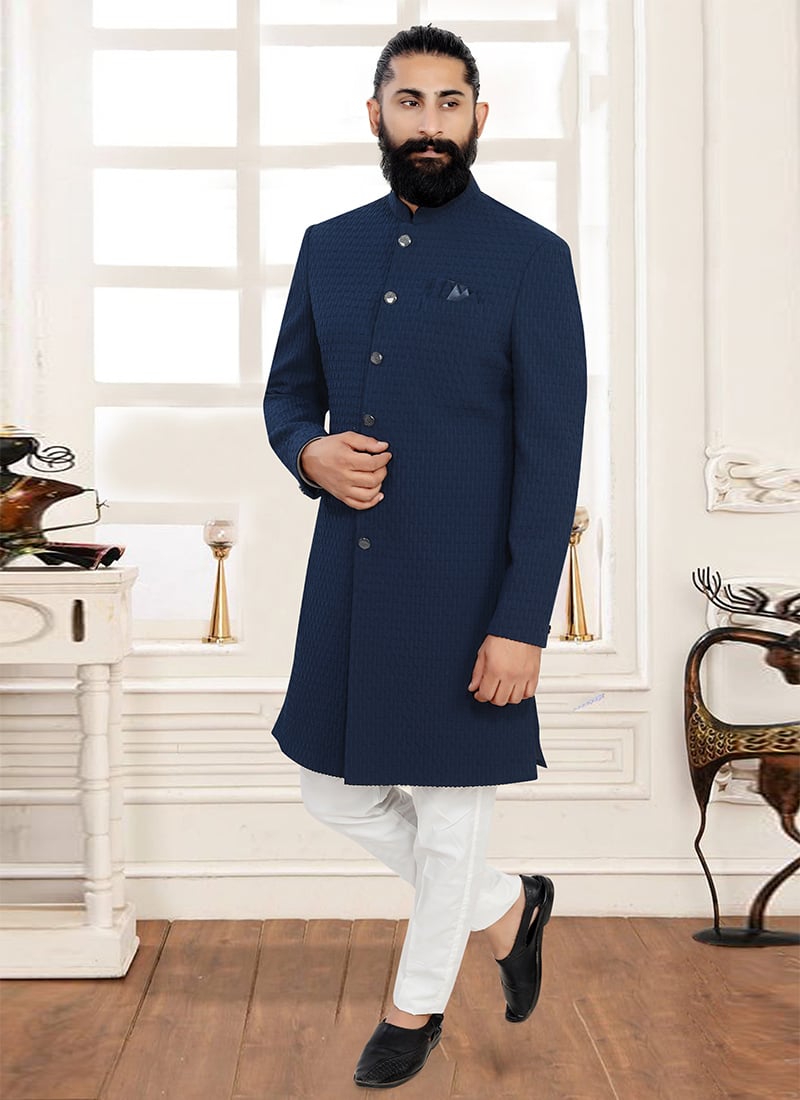Modern Blue Jacquard Indowestern Sherwani Wedding Wear