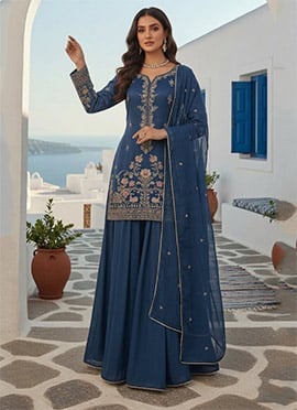 Modern Blue Rangoli Georgette Zari Sequins Palazzo Suit