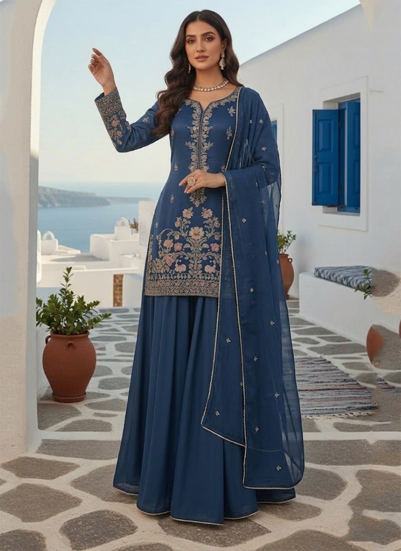 Modern Blue Rangoli Georgette Zari Sequins Palazzo Suit Festive Wear