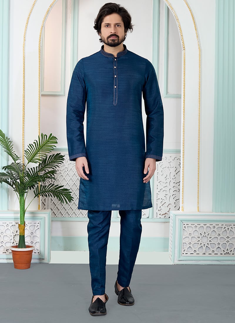 Modern Blue Silk Kurta Pyjama Festive Wear