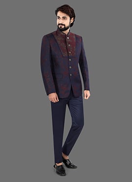 Modern Blue Terry Rayon Bandhgala Suit