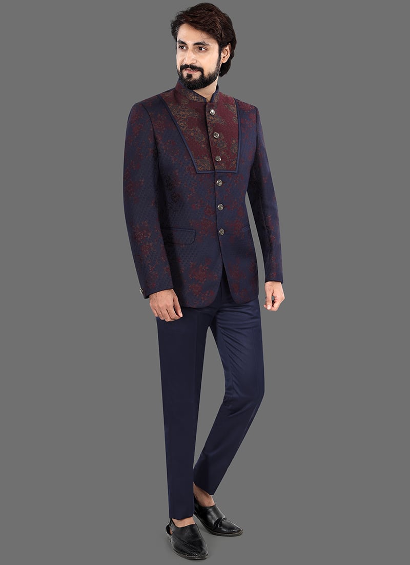 Modern Blue Terry Rayon Bandhgala Suit Wedding Wear