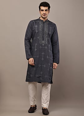 Modern Dark Grey Viscose Silk Embroidered Sequins Kurta Pyjama