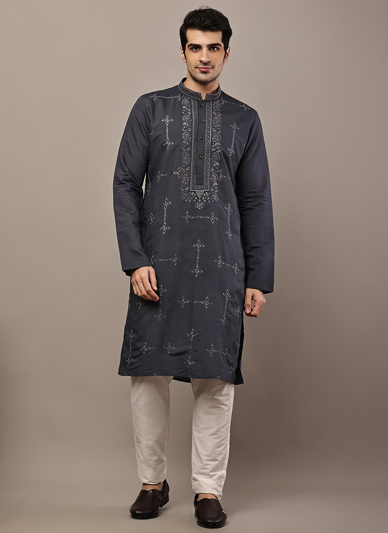Modern Dark Grey Viscose Silk Embroidered Sequins Kurta Pyjama Festive Wear