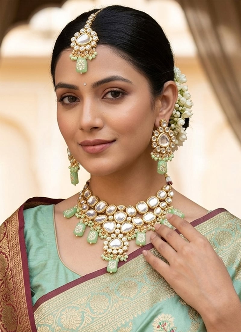 Modern Green Kundan Pearl Choker Wedding Wear