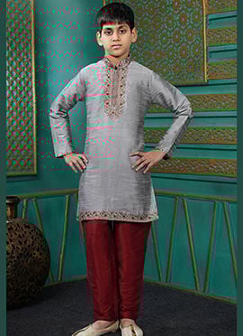 Modern Grey Art Silk Embroidered Kids Boys Kurta Pyjama