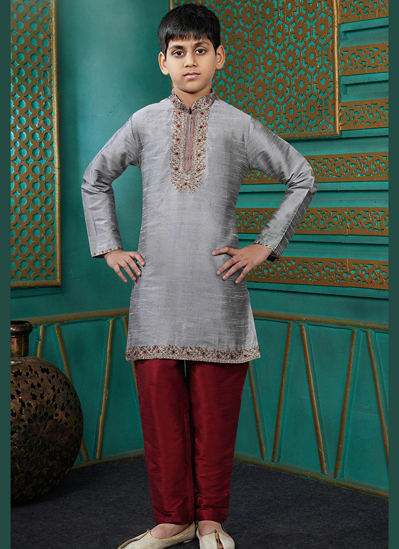 Modern Grey Art Silk Embroidered Kids Boys Kurta Pyjama Festive Wear