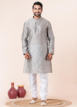 Modern Grey Dupion Silk Printed Kurta Pyjama