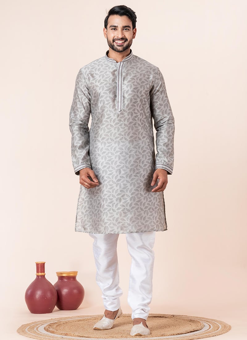 Modern Grey Dupion Silk Printed Kurta Pyjama Festive Wear