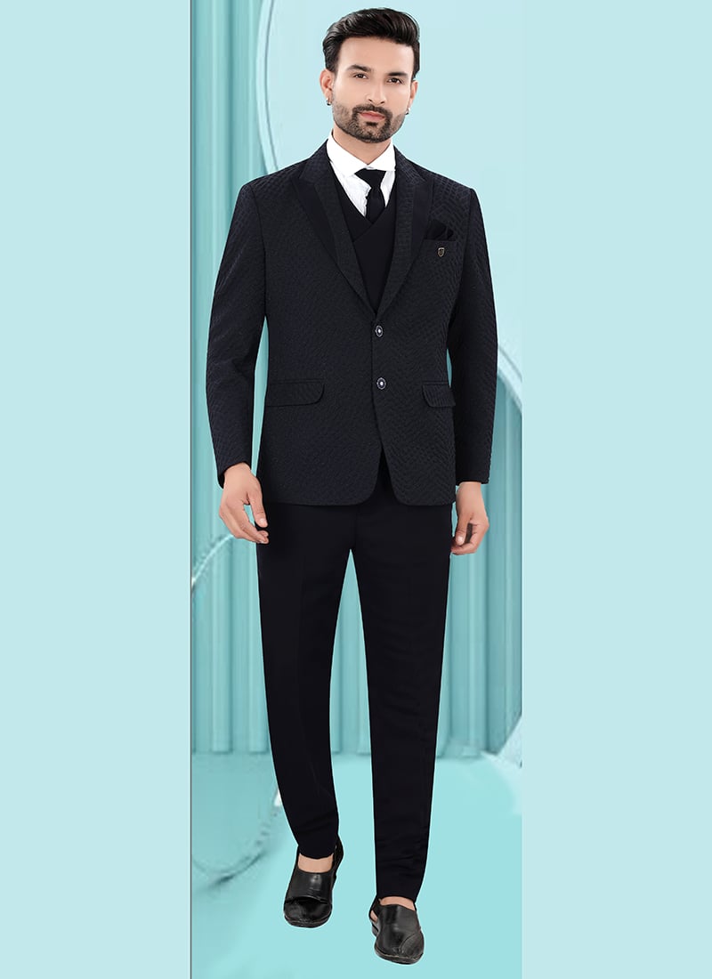 Modern Navy Blue Jacquard Bandhgala Suit Wedding Wear