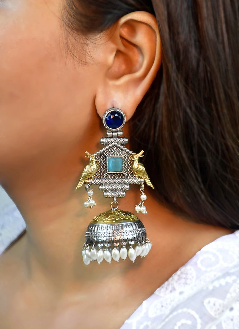 Modern Navy Blue Kundan Beads Oxidised Jhumka Festive Wear