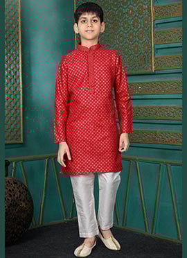 Modern Red Cotton Foil Print Kids Boys Kurta Pyjama
