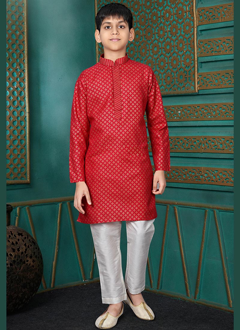 Modern Red Cotton Foil Print Kids Boys Kurta Pyjama Festive Wear