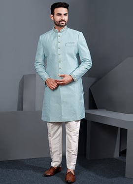 Modern Sky Blue Jacquard Silk Lace Work Indowestern Sherwani