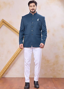 Modern Teal Blue Jacquard Silk Bandhgala Jacket