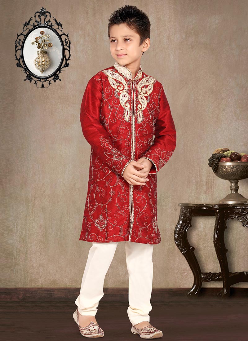 Modish Maroon Art Dupion Kids Sherwani