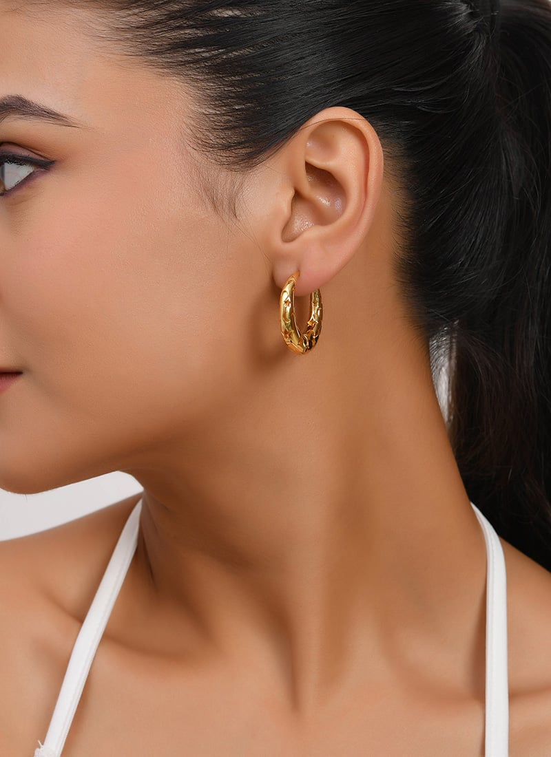 Moon Star Engraved Gold Plated Hoop Earrings Festive Wear