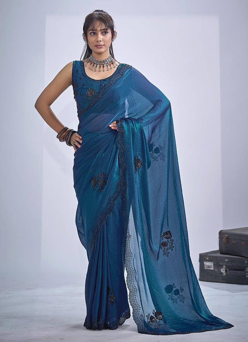 Morpeach Silk Hand Embroidered Cutdana Sequins Saree After Six Wear