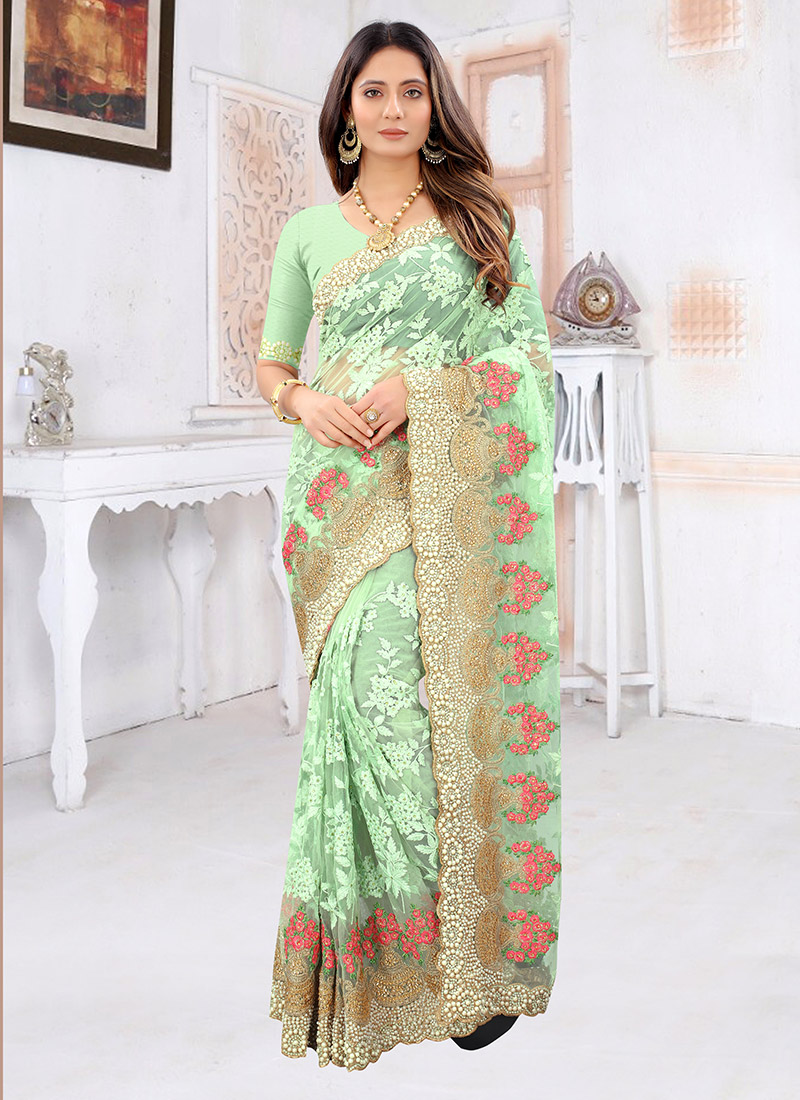 Moss Green Net Embroidered Saree