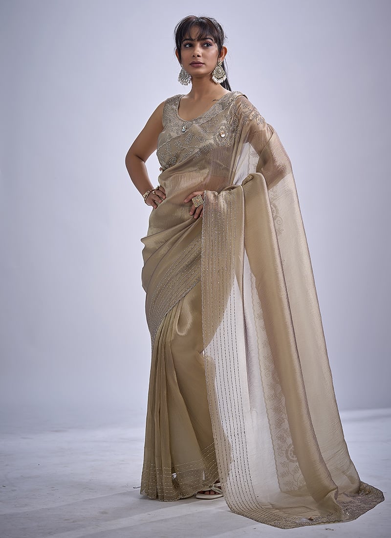 Mouse Grey Kanjivaram Silk Hand Embroidered Sequins With Cutdan And Tikki Work Saree After Six Wear