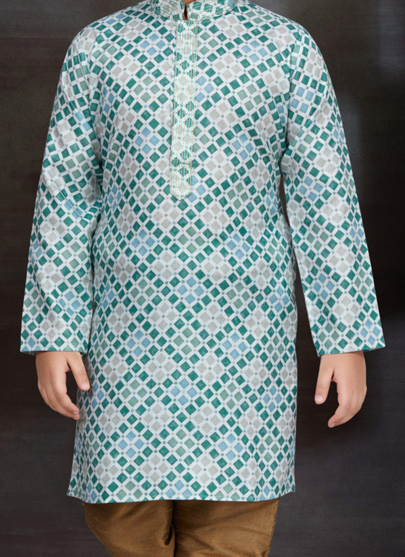 Boys Multicolor Katha Work Kurta With Embroidered Jacket And Pyjama