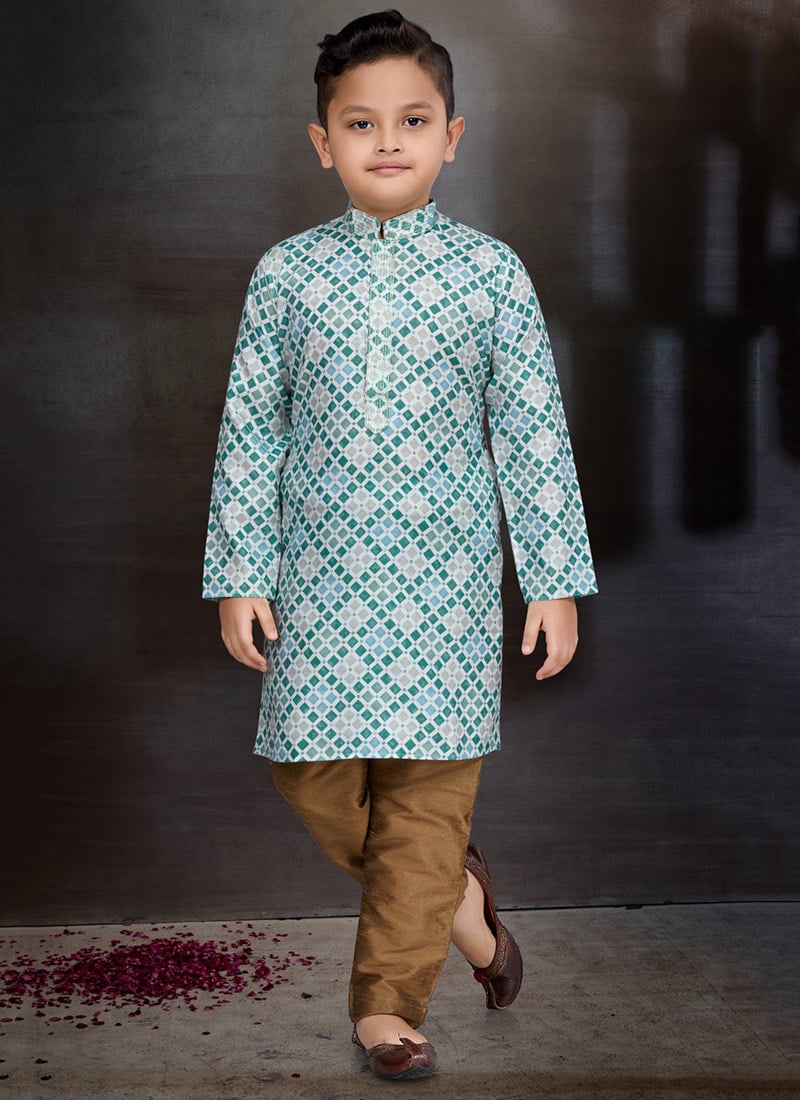 Multi Colored Blended Cotton Printed Kids Boys Kurta Pyjama Festive Wear