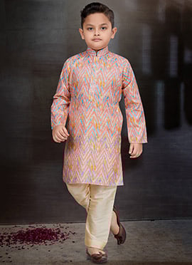 Multi Colored Blended Cotton Printed Kids Boys Kurta Pyjama