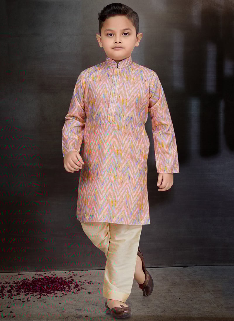 Multi Colored Blended Cotton Printed Kids Boys Kurta Pyjama Festive Wear