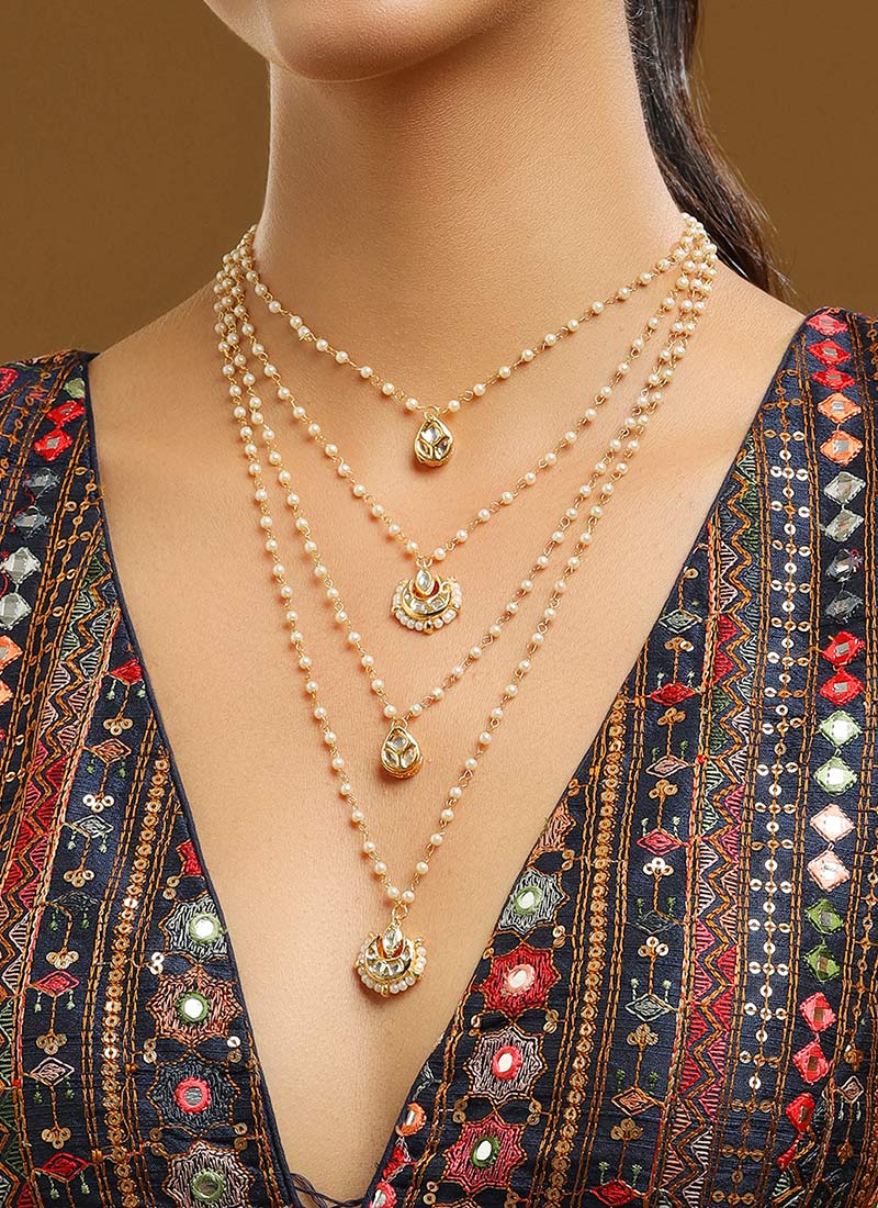 Multi Layer Golden Kundan Beads Necklace Festive Wear