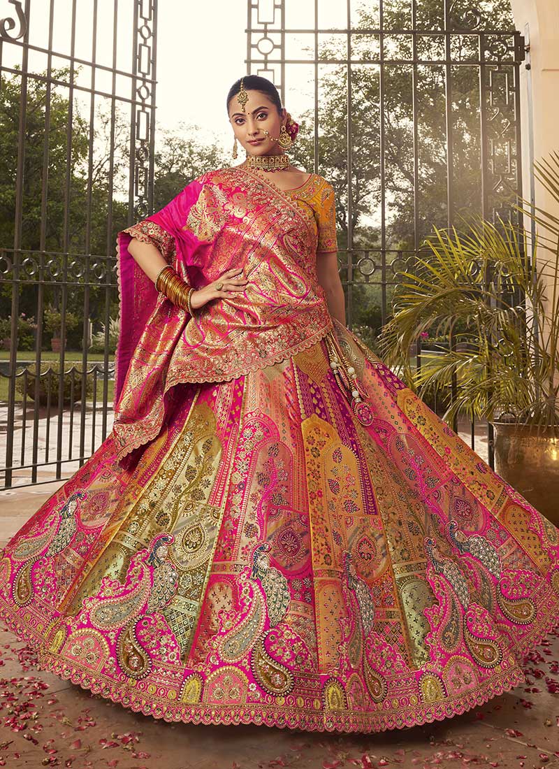 Multicolor Banarasi Silk Embroidered And Cut Work Umbrella Lehenga Wedding Wear-GHSLI265810318