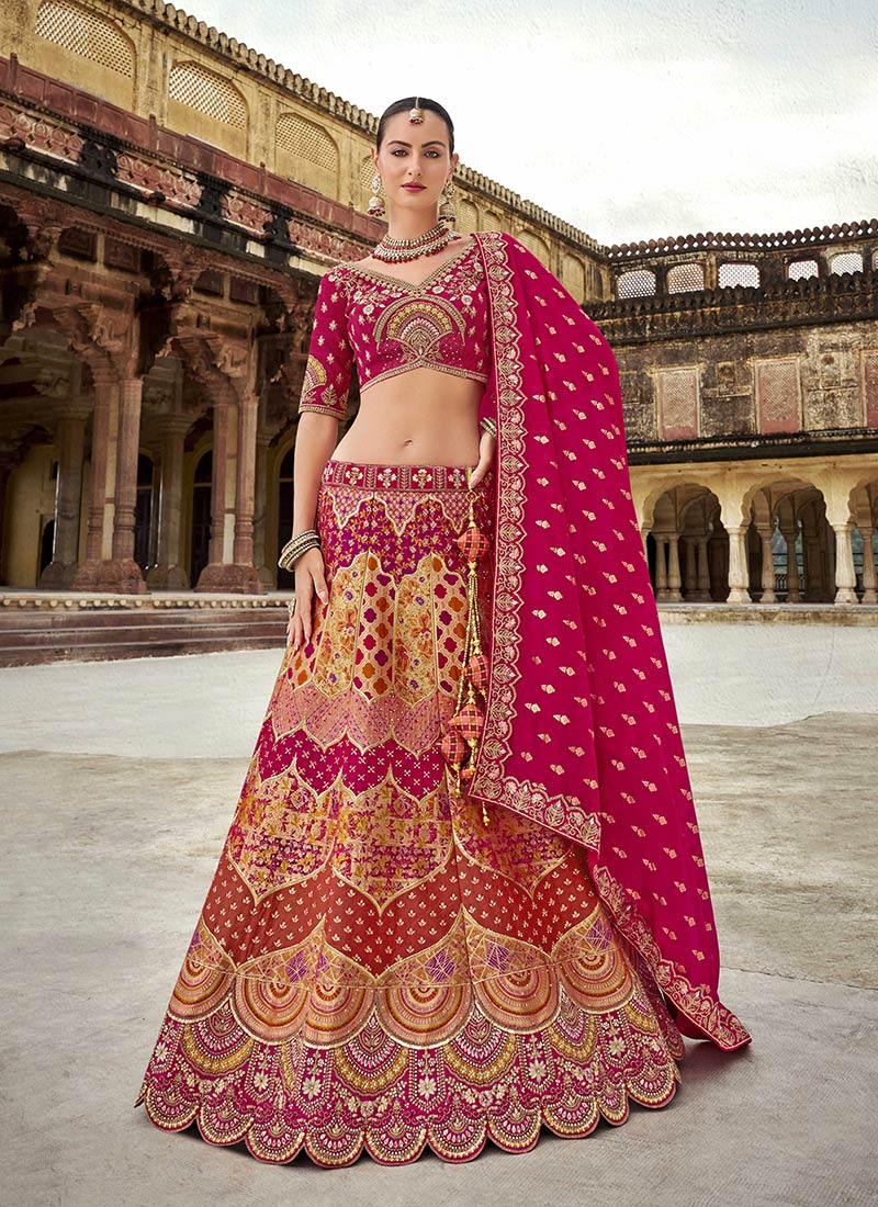 Multicolor Banarasi Silk Zari Embroidered Sequins Stone Work Lehenga Wedding Wear