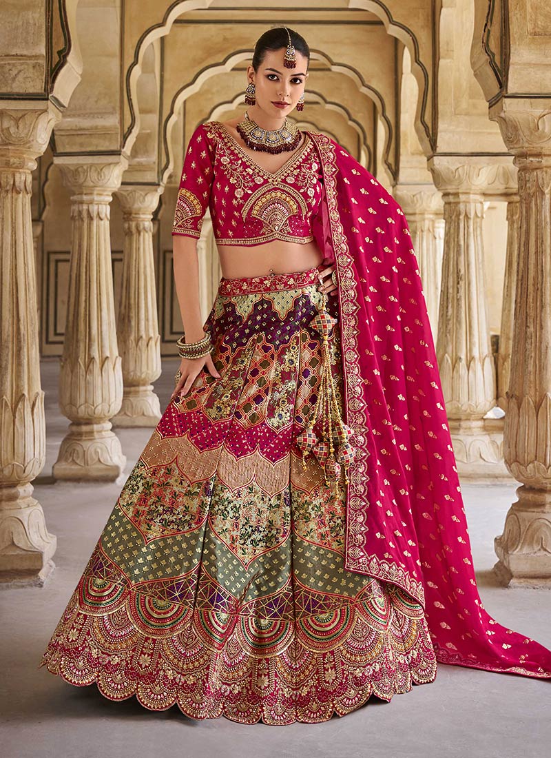 Multicolor Banarasi Silk Zari Embroidered Sequins Stone Work Lehenga Wedding Wear