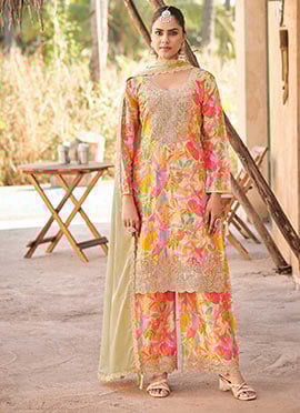 Multicolor Chinon Digital Print Embroidered Sequins Stunning Palazzo Suit