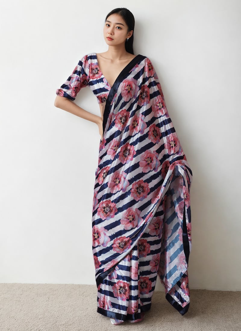 Multicolor Chinon Digital Print Pre Draped Saree
