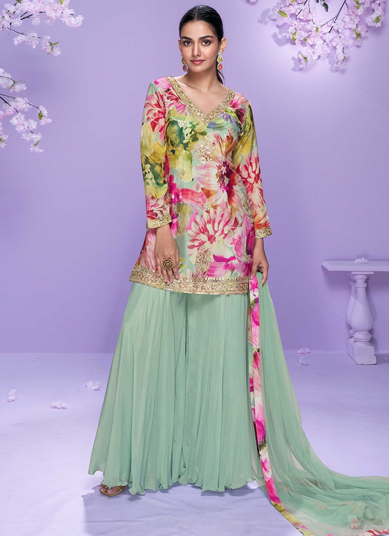 Multicolor Chinon Digital Print Zari Embroidered Sequins Palazzo Suit Festive Wear