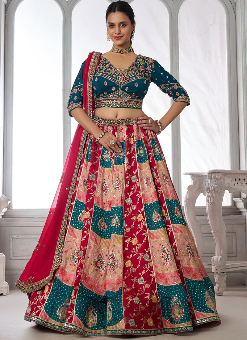 Multicolor Chinon Zari Embroidered Lehenga Wedding Wear