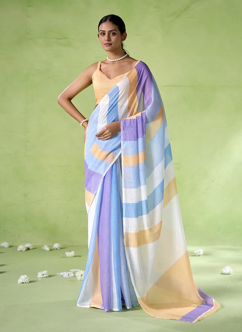 Multicolor Cotton Blend Printed Saree