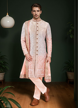 Multicolor Cotton Silk Jacquard Classic Sherwani