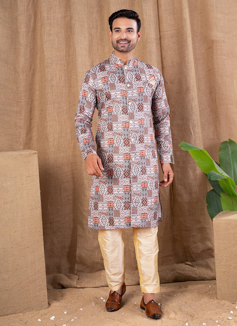 Multicolor Cotton Silk Printed Indowestern Sherwani