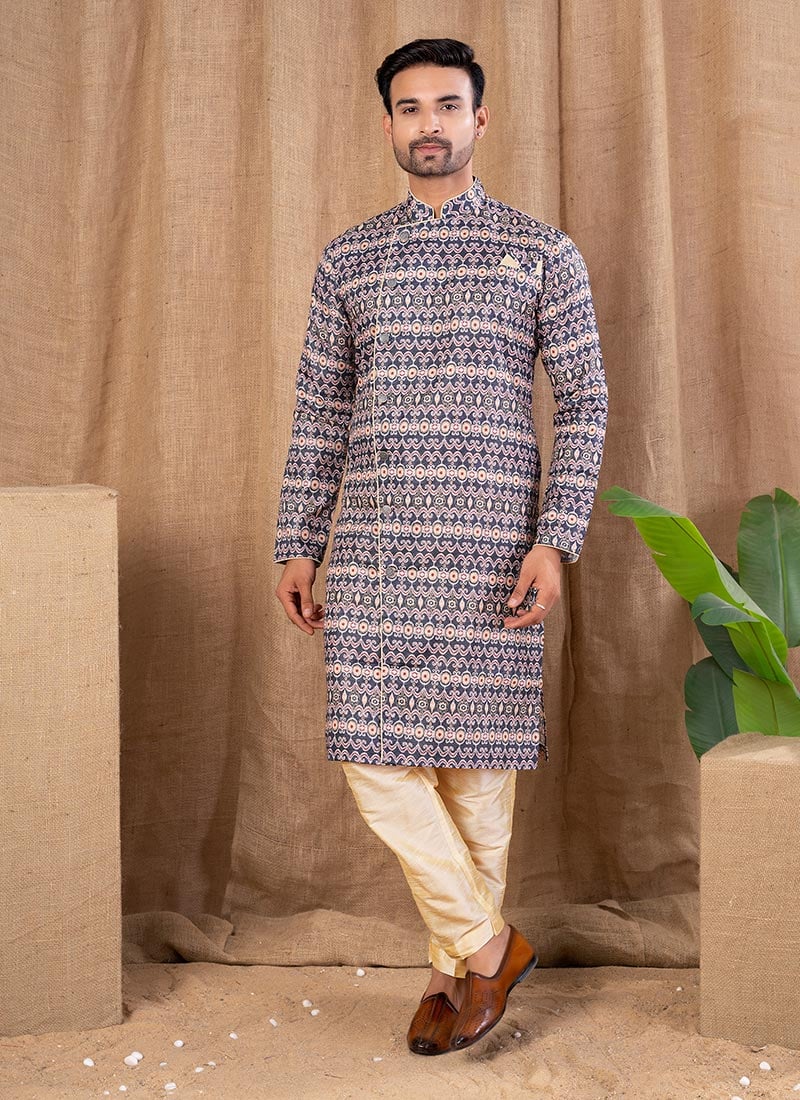 Multicolor Cotton Silk Printed Indowestern Sherwani Festive Wear