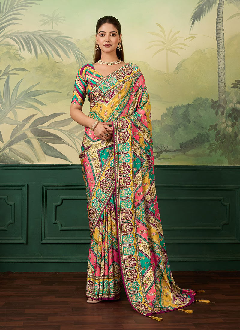 Multicolor Crepe Silk Digital Print Mirror Work Saree After Six Wear