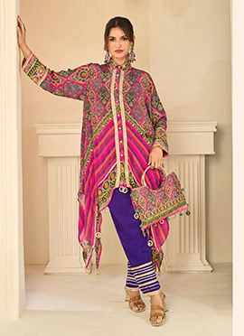 Multicolor Crepe Silk Printed Aari Gota Patti Asymmetric Classy Indo Western Set