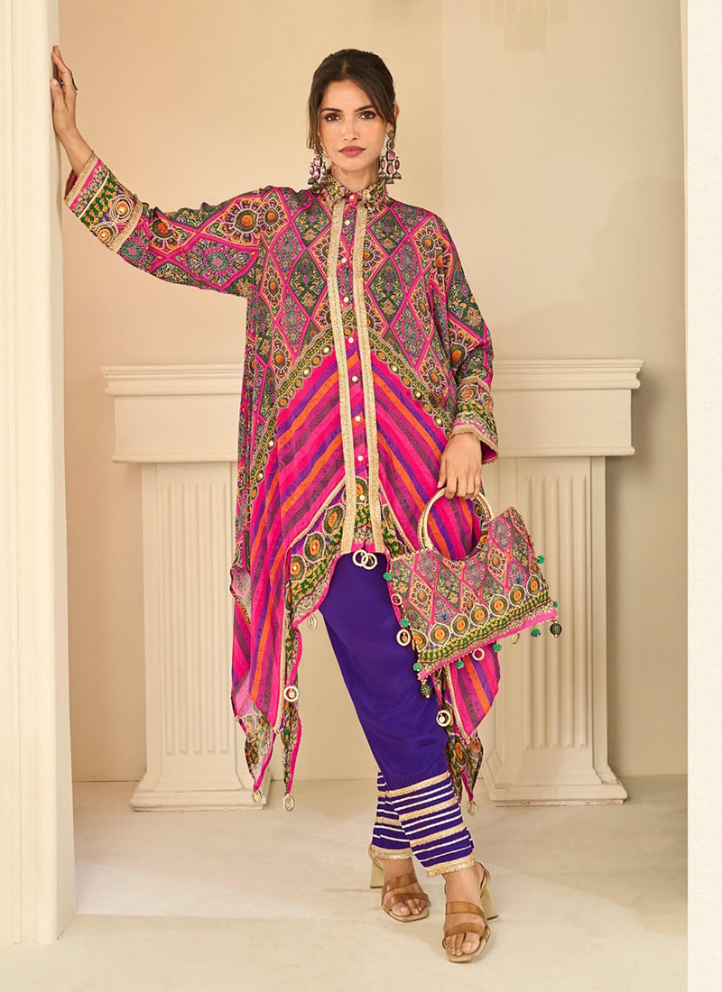 Multicolor Crepe Silk Printed Aari Gota Patti Asymmetric Classy Indo Western Set After Six Wear