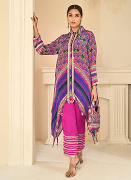 Multicolor Crepe Silk Printed Aari Gota Patti Asymmetric Indo Western Set