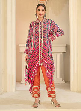 Multicolor Crepe Silk Printed Aari Gota Patti Asymmetric Stylish Indo Western Set