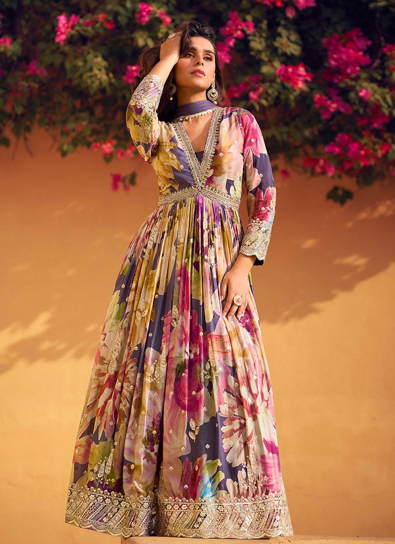 Multicolor Digital Print Empire Waist Anarkali With Exquisite Zardosi Embroidery  Festive Wear